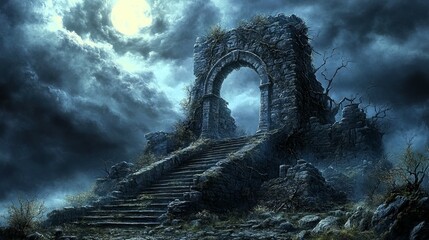 Eerie Night Scene Ancient Stone Archway Ruins and Moonlit Steps
