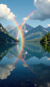 Triple rainbow reflected in a calm lake, mountains in background , awe-inspiring, panorama