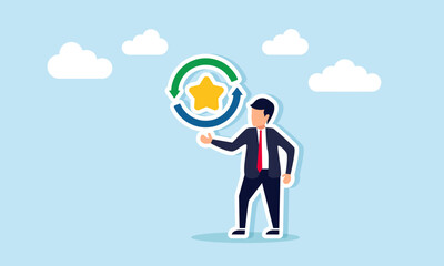 Businessman presenting star with continuous icon illustrating ongoing quality standard improvement