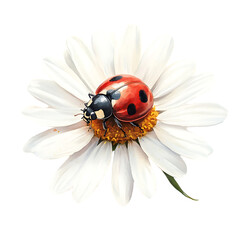 Whimsical watercolor isolated on white, single ladybug resting atop a fully bloomed daisy surrounded by scattered petals and soft shadows Playful Meadow Ladybugs Botanical Harmony with Ladybugs