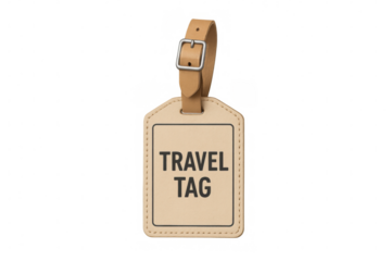 Close-up of a leather travel tag with a buckle, isolated on a transparent background, ready for personalization and luggage identification