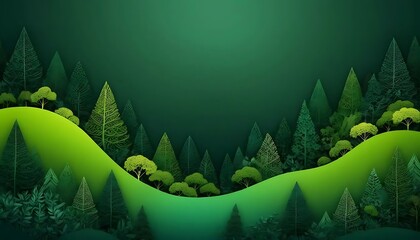 Lush green landscape featuring various tree types forming a serene, stylized forest scene.