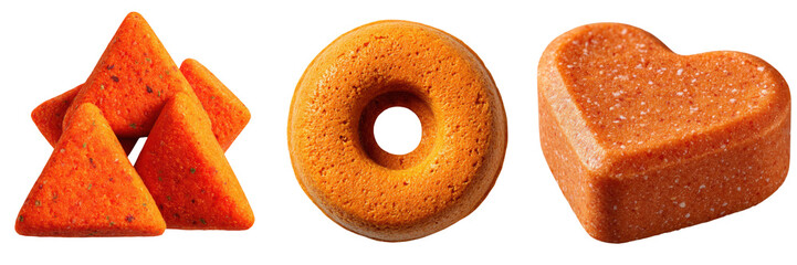 Premium dry kibble pieces for balanced pet nutrition branding concept. Colorful dog kibble in various shapes like triangles, circles, and hearts for healthy pet nutrition