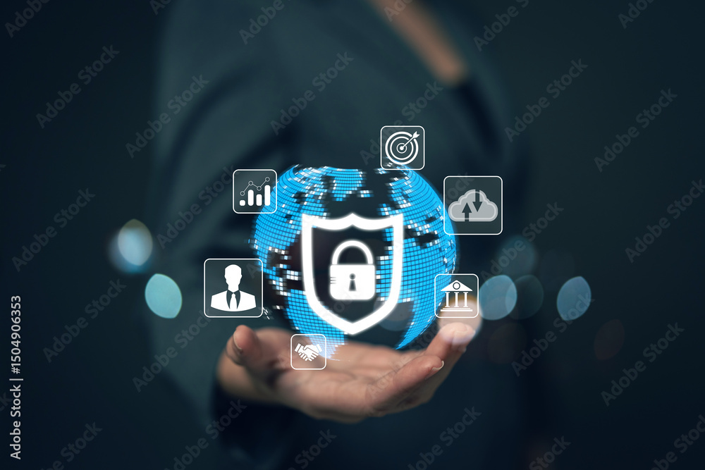 Poster businesswoman locking sensitive financial data for cyber security protection. cyber security concept