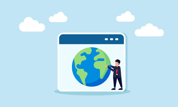 Businessman placing globe on application interface illustration of global or international digital business reach