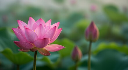 Obraz premium Serene Pink Lotus Blossom in a Tranquil Pond Setting