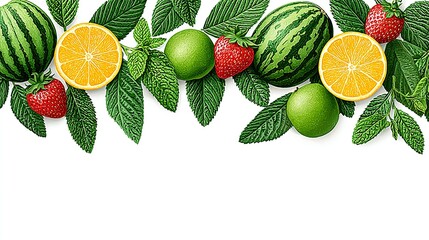 Colorful fruit and leaves arrangement.