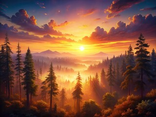 Sunset Forest Scene, Golden Hour Woods, Forest Sunset Photography, Tree Silhouette, Nature Photography, Evening Woodland