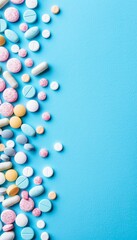 Colorful Pills and Capsules on Blue Background with Copy Space, Medical and Healthcare Concept