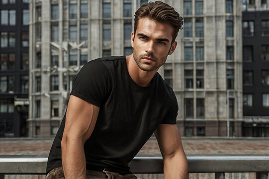 A stylish European man with chic brown hair, beautiful eyebrows, casual T-shirt and pants, leather boots, and a black bracelet&mdash;radiating cool, dynamic, urban energy.