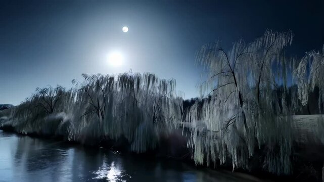 Serene Night Scene Weeping Willows by Moonlight River