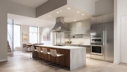 Stylish kitchen featuring an island, stainless steel appliances, and neutral tones.