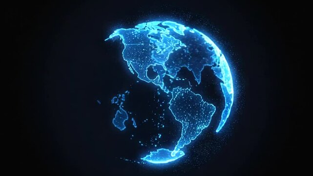 Illuminated digital globe showcasing continents and data points against a dark backdrop - Powered by Adobe