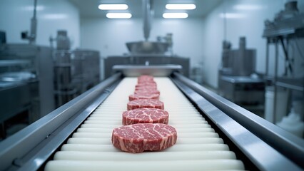 Production of premium steaks on conveyor belt meat processing plant industrial kitchen clean room close-up view for quality assurance
