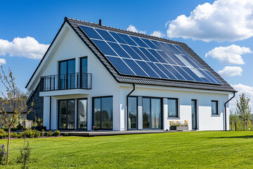 A photo of a modern, two-story white house with solar panels on the roof, black windows and doors, set in the Irish countryside