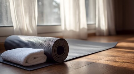 Yoga mat on hardwood floor with towel, morning light through curtains - Serene simplicity for mindful mornings