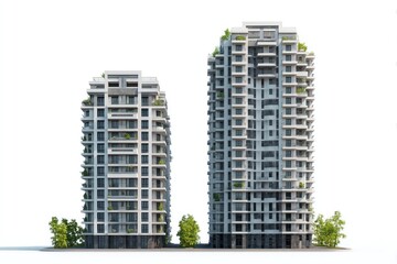 Monolithic residential buildings standing alone against a pure white backdrop, large and bold.