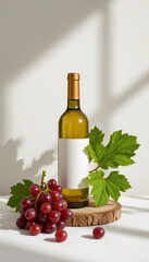 Still life featuring wine bottle, grapes, and green leaves, evoking sense of elegance
