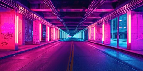 A dystopian cityscape where street artists paint glowing graffiti under neon-lit bridges
