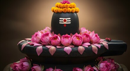 Shiva Lingam with Lotus Flowers and Marigold Garland Offering
