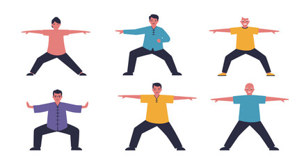 Six Men Performing Traditional Chinese Exercise Poses