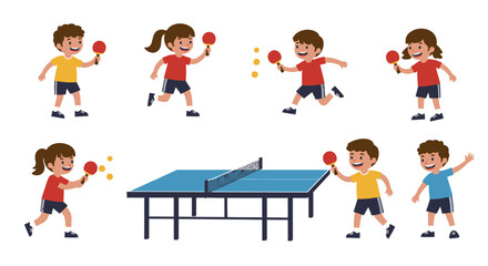 Cheerful Children Playing Table Tennis with Rackets and Balls