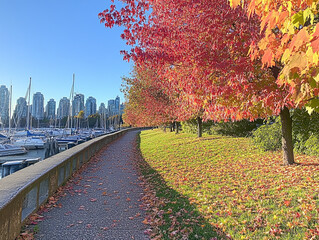 A scenic view of Stanley Park's quay in autumn, with colorful leaves and the city skyline visible in the background