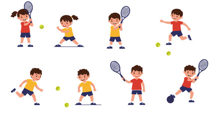 Diverse Children Engaging in Tennis Activities in Various Poses