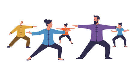 Group of People Practicing Tai Chi in Colorful Uniforms