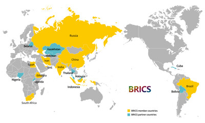 世界地図とブリックスの国々、2025年5月現在の加盟国とパートナー国、英語の国名