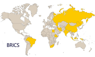世界地図とBRICSの加盟国、2025年5月現在、大西洋