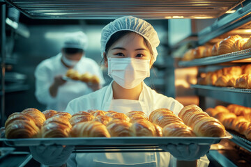 an Asian female bakery worker wearing a white protective mask and hair net, holding a tray with freshly baked bread in the kitchen of a modern restaurant