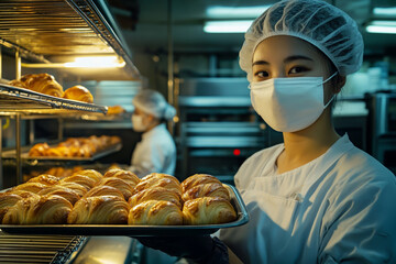 an Asian female bakery worker wearing a white protective mask and hair net, holding a tray with freshly baked bread in the kitchen of a modern restaurant