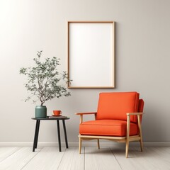 Mockup design showcasing a picture frame on a minimalist wall paired with an orange chair.