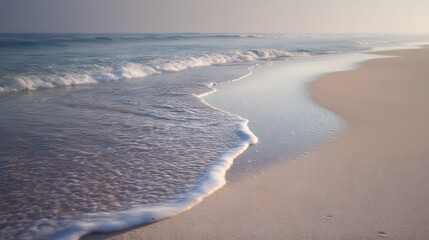 Smooth sandy beach with abstract waves, soft morning light, minimalist serenity