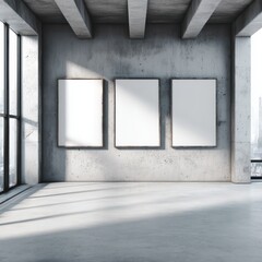 Minimalist professional office setup with whiteboard frames on concrete wall, smooth flooring for focus.