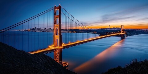 A famous suspension bridge with glowing traffic trails against a twilight sky