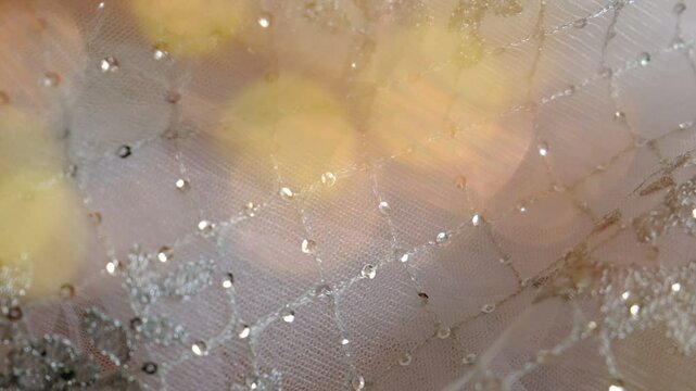 Silver white lace pattern Texture Fabric, dress, blouse, prom dress. Dress for bridesmaid or princess. lace and fabric. B roll. Soft flares lightg, atmospheric mood. Luxury textile background