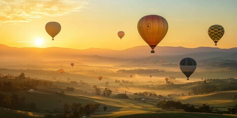A festival of hot air balloons rising over rolling hills under a golden sunrise