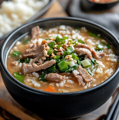 korean pork, rice soup, chicken and vegetable soup