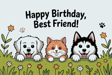 Cute Pets Celebrating Birthday Illustration
