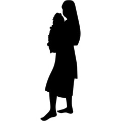 Mother and Daughter Silhouette. Mother and Children in Silhouette. A mother and child holding hands walking together silhouette black filled vector Illustration. 