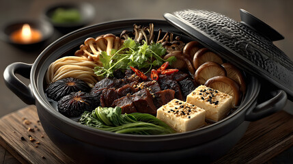 Cast Iron Pot with Beef Stew and Tofu over a Gentle Flame