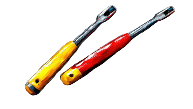 Two angled, hand tools with metallic blades and contrasting yellow and red handles, displayed against a black background