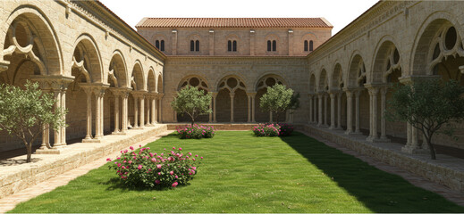 Fototapeta premium Serene Medieval Cloister Garden Stone Arches Lush Greenery Tranquil Courtyard