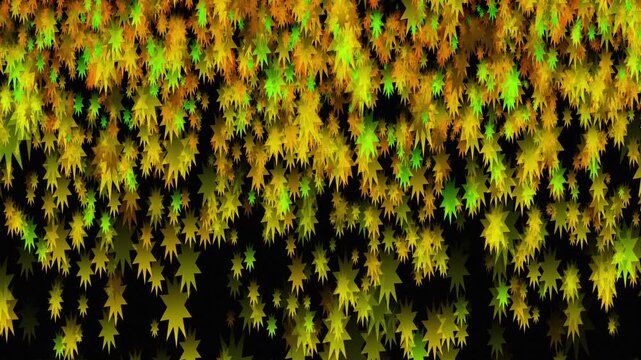 Animated rain of multi-pointed stars in a mix of gold colors flows down like a frozen data storm. abstract