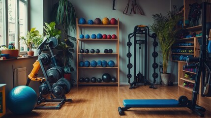 A spacious, well-lit gym with a variety of exercise equipment, including dumbbells, weights, and a yoga mat, arranged in a functional and organized manner.