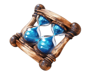 Double hourglass in dark wood stand, vibrant blue sand, angled view