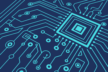 Obraz premium Abstract technology background with circuit lines in glowing blue. Digital vector with centered text space for tech ads, banners, or presentations.