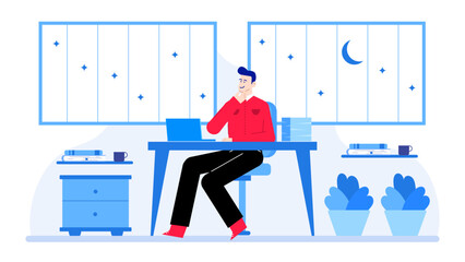 Man working at his desk late at night, perfect for depicting late shifts, overtime work, working from home, and freelancing. Startup founder working late on business plan